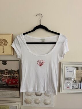 White Scoop Neck Shell Embroidered Tee - Women